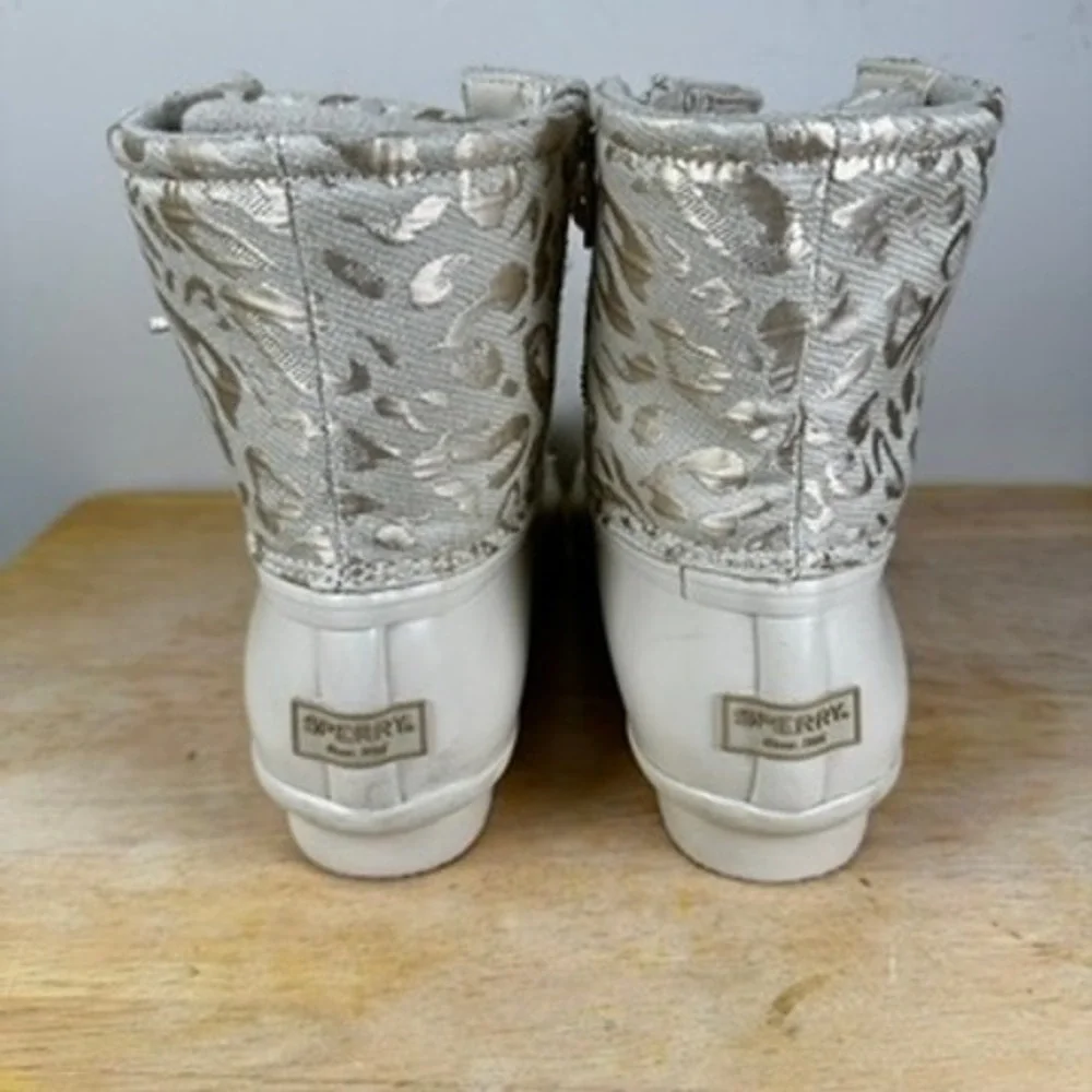Sperry Saltwater‎ Ivory Leopard Duck Boots STS88315 Women 10 Metallic